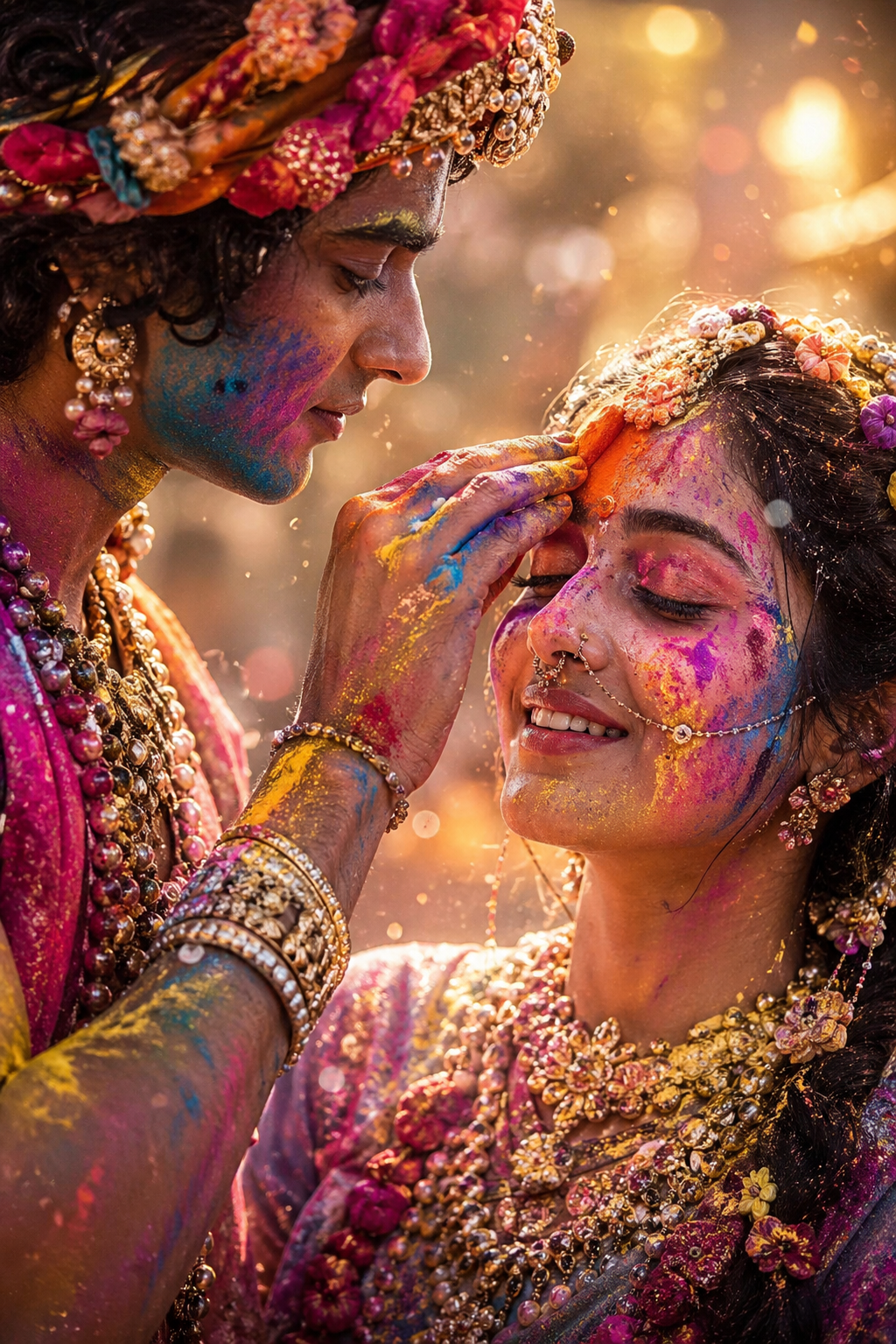 Radha Krishna Holi portrait with sunlit colored powder dust floating in air romantic close-up